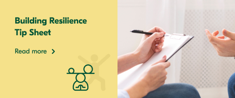 An image shows a person writing on a paper board and text reading: Building Resilience Tip Sheet.